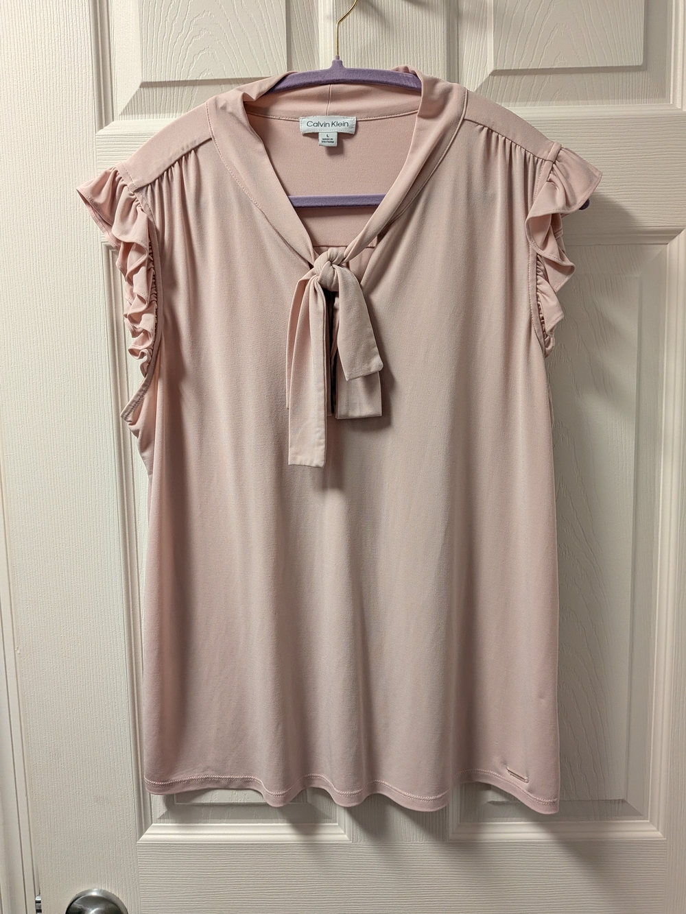 Calvin Klein Pale Pink Tie-Neck Ruffle Sleeve Blouse